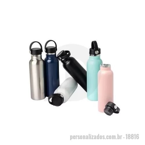Garrafa térmica personalizada - Garrafa Térmica feita em Inox 304 com parede dupla e capacidade de 550 ml. Com tampa rosqueável e alça para transporte para levá-la onde quiser. Altura : 23,4 cm Largura : 6,1 cm Circunferência : 23 cm Peso aproximado g : 278