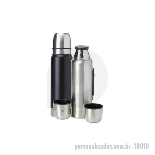 Garrafa térmica personalizada - Garrafa térmica de inox com parede dupla e tampa dupla, capacidade de 1 litro. Com alça plástica para transporte, a garrafa contém duas tampas utilizáveis como copos. Altura : 35,7 cm Largura : 10,6 cm Circunferência : 29,8 cm Tamanho total aproximad