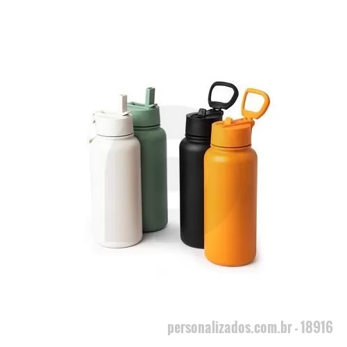 Garrafa térmica personalizada - Garrafa térmica de parede dupla em inox, capacidade de 900 ml. Tampa rosqueável com alça de transporte, bico flip e canudo interno. Altura : 24,6 cm Largura : 9 cm Circunferência : 28,8cm Peso aproximado g : 415