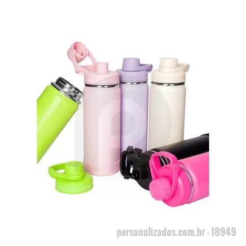 Garrafa térmica personalizada - Esta garrafa térmica em inox com capacidade de 550 ml permite conservar a temperatura de líquidos por mais tempo graças à sua estrutura de parede dupla e isolamento a vácuo. Sua tampa rosqueável plástica conta com um protetor de bocal e alça fixa. Al
