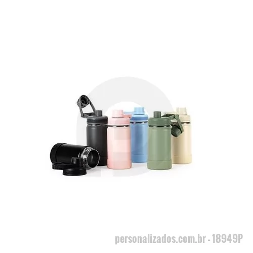 Garrafa térmica personalizada - Garrafa térmica em inox, pintura eletrostática e capacidade para até 350 ml. Conta com estrutura de parede dupla e vedação a vácuo, permitindo conservar a temperatura de líquidos por mais tempo. Possui tampa rosqueável com protetor para o bocal e alç