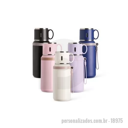 Garrafa térmica personalizada - Garrafa térmica em inox com pintura eletrostática e capacidade de até 600 ml. Possui estrutura de parede dupla e tampa interna rosqueável com anel de vedação, abertura do bocal por botão de acionamento e infusor. Conta ainda com tampa externa em form