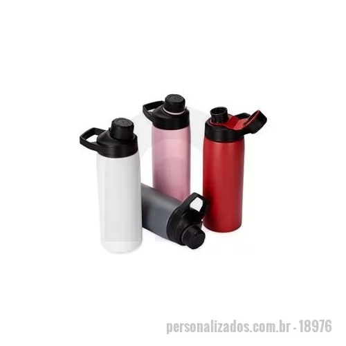 Garrafa térmica personalizada - Garrafa térmica feita em inox com estrutura em parede dupla, vedação a vácuo e capacidade máxima de 600 ml, ideal para manter a temperatura de líquidos por mais tempo. Possui tampa rosqueável em plástico resistente com protetor de bocal e alça fixa, 