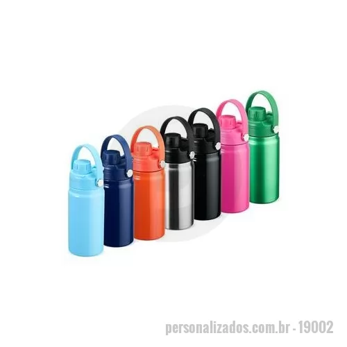 Garrafa térmica personalizada - Garrafa térmica em inox com capacidade para até 400 ml. Apresenta estrutura de parede dupla e vedação a vácuo, que mantém a temperatura de líquidos por mais tempo sem transferência para o exterior. Possui tampa plástica rosqueável com protetor de o b