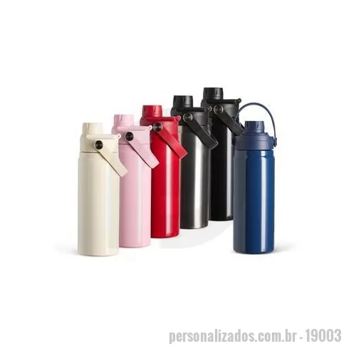 Garrafa térmica personalizada - Garrafa térmica em inox com capacidade de até 600ml. Apresenta estrutura com parede dupla e isolamento a vácuo, permitindo conservar a temperatura de líquidos por mais tempo. Possui tampa plástica rosqueável com proteção para o bocal e alça fixa para