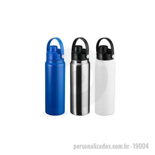 Garrafa térmica personalizada - Garrafa térmica em inox com capacidade de até 800 ml. Conta com estrutura de parede dupla e vedação a vácuo, o que possibilita manter a temperatura de líquidos por mais tempo. Possui tampa plástica rosqueável com protetor para o bocal e alça para tra