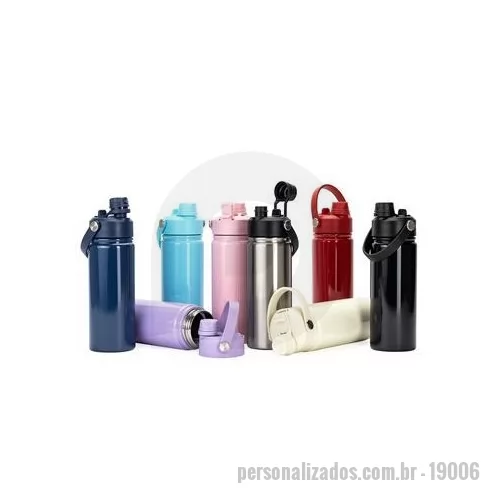 Garrafa térmica personalizada - Garrafa térmica em aço inox 304 e capacidade para até 600 ml. Apresenta estrutura de parede dupla e vedação a vácuo, oferecendo a conservação da temperatura de líquidos por mais tempo. Possui tampa rosqueável feita em plástico com proteção para o boc