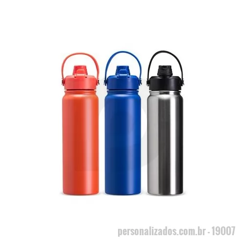 Garrafa térmica personalizada - Garrafa térmica em inox com pintura eletrostática e capacidade máxima de 800 ml. Possui estrutura interna de parede dupla em inox 304 e vedação a vácuo que permite a manutenção de temperatura de líquidos por mais tempo. Possui tampa rosqueável feita 