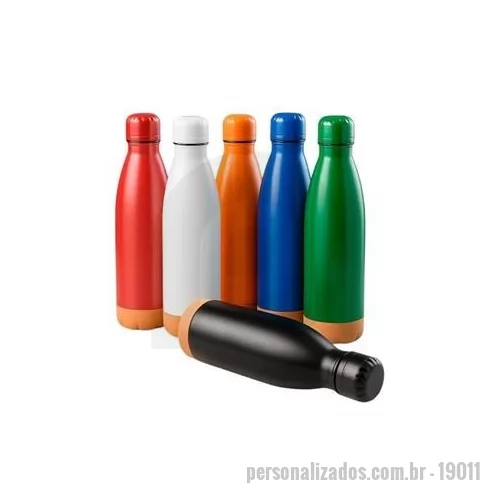 Garrafa térmica personalizada - Garrafa térmica feita em inox com fundo em cortiça, tampa de plástico rosqueável e capacidade máxima de até 500ml. Apresenta estrutura de parede dupla e vedação a vácuo, o que permite a manutenção da temperatura de líquidos por mais tempo. Altura : 2