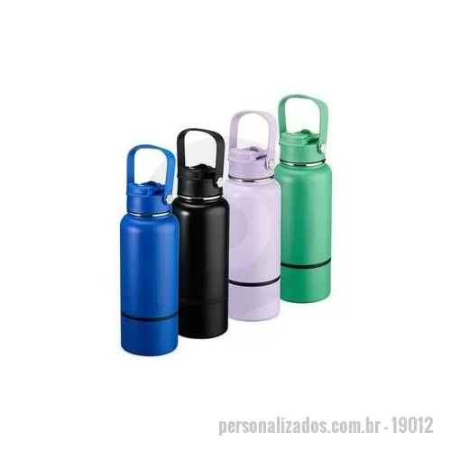 Garrafa térmica personalizada - Garrafa térmica em inox com pintura eletrostática e capacidade de até 700 ml. Apresenta estrutura interna de parede dupla e vedação a vácuo, o que ajuda a conservar a temperatura de líquidos por mais tempo. Conta ainda com fundo removível. Possui tam
