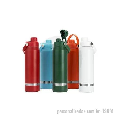 Garrafa térmica personalizada - Garrafa térmica em inox 304 com capacidade para até 800 ml. Possui estrutura de parede dupla e vedação a vácuo, permitindo a conservação da temperatura de líquidos por mais tempo. Conta ainda com tampa plástica rosqueável com protetor para o bocal, a