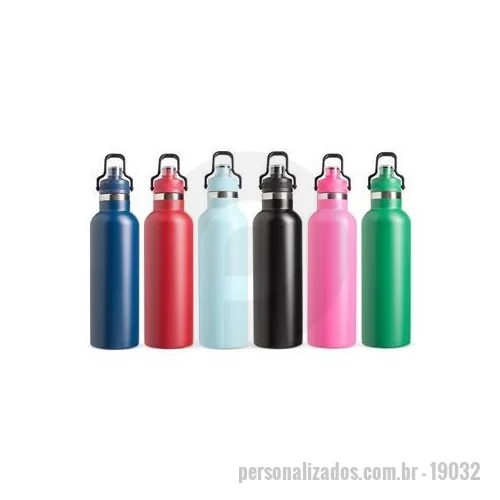 Garrafa térmica personalizada - Garrafa térmica em inox 304 com capacidade de até 800 ml. Possui estrutura de parede dupla e vedação a vácuo, permitindo conservar a temperatura de bebidas por mais tempo. Apresenta uma tampa rosqueável em plástico com protetor para o bocal e trava d