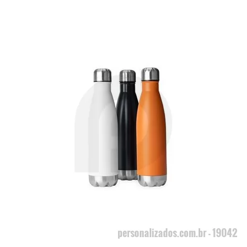 Garrafa térmica personalizada - Garrafa térmica em inox com tampa rosqueável, pintura em spray e capacidade para até 500 ml. Possui estrutura de parede dupla e vedação a vácuo, o que permite conservar a temperatura de líquidos por mais tempo. Altura : 27,6 cm Largura : 7 cm Circunf