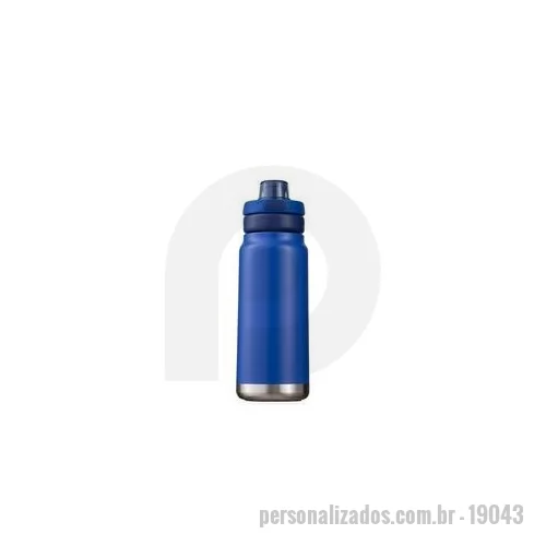 Garrafa térmica personalizada - Garrafa térmica em inox com base emborrachada antiderrapante e capacidade máxima de 750 ml. Possui estrutura de parede dupla e isolamento a vácuo, permitindo conservar a temperatura de líquidos por mais tempo. Dispõe ainda de tampa plástica com alça 