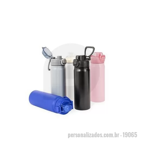 Garrafa térmica personalizada - Garrafa térmica com capacidade para até 680 ml. Feita em inox 304, possui estrutura de parede dupla e vedação a vácuo, permitindo a conservação da temperatura de líquidos por mais tempo. Conta com tampa rosqueável com trava de segurança, botão de aci
