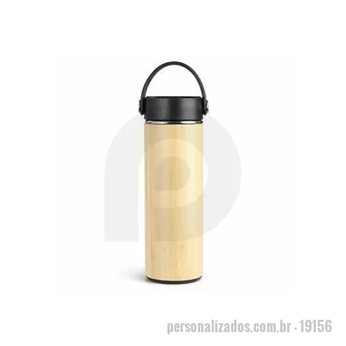 Garrafa térmica personalizada - Garrafa térmica com capacidade máxima de 400 ml. Possui estrutura de parede dupla com revestimento externo em bambu e parte interna em inox 304. Conta com tampa rosqueável em polipropileno PP com alça para transporte. Acompanha cesto infusor com alça