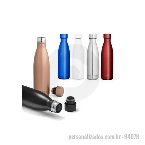 Garrafa térmica personalizada - Garrafa em aço inox de parede dupla térmica, isolada a vácuo com tampa em aço inox. Capacidade até 500 mL. Mantém as bebidas quentes por 8h e frias por 24h. Fornecido em caixa presente. Certificação EU Food Grade. ø67 x 255 mm | Caixa: 75 x 75 x 275 
