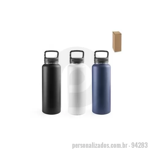 Garrafa térmica personalizada - Garrafa esportiva em aço inox 90% reciclado de parede dupla térmica, isolada a vácuo. Parede com revestimento em pó oferecendo mais durabilidade e resistência. Tampa com pega e um mosquetão que facilitam o transporte. Grande capacidade até 1.2 L. For