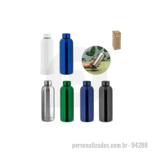 Garrafa térmica personalizada - Garrafa em aço inox 90% reciclado de parede dupla térmica, isolada a vácuo. Garrafa com acabamento em mate metálico. Capacidade até 550 ml. Fornecido em caixa presente de papel kraft. Certificação EU Food Grade. ø73 x 222 mm