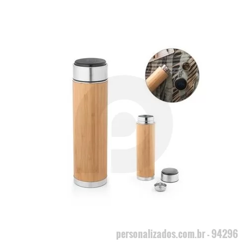 Garrafa térmica personalizada - Garrafa em aço inox e bambu de parede dupla térmica, isolada a vácuo. Capacidade até 430 ml. A tampa contém um termômetro digital que permite saber, a qualquer momento, a temperatura da bebida pilha inclusa . Incluso infusor para chá. Certificação EU