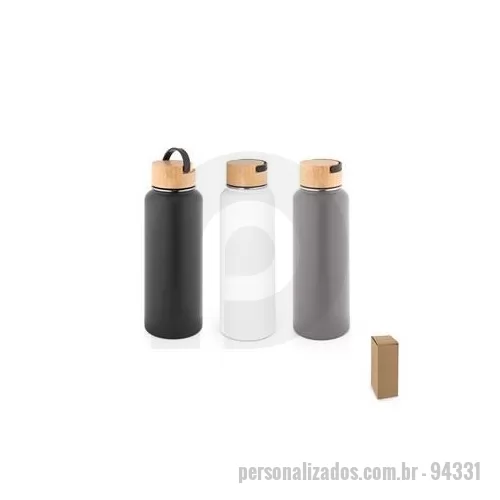 Garrafa térmica personalizada - Garrafa em aço inox 90% reciclado de parede dupla térmica, isolada a vácuo. Parede com revestimento em pó oferecendo mais durabilidade e resistência. Tampa em bambu com pega em plástico que facilita o transporte. Grande capacidade até 1.2 L. Fornecid