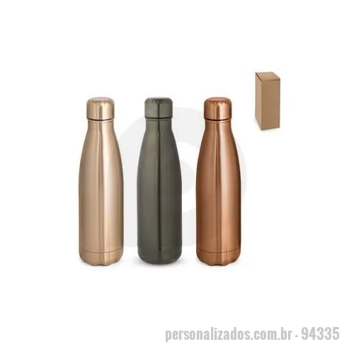 Garrafa térmica personalizada - Garrafa em aço inox de parede dupla térmica, isolada a vácuo. Garrafa com acabamento metalizado e tampa em aço inox. Todas as componentes da garrafa - tampa, corpo e base - na mesma cor. Capacidade até 510 ml. Fornecido em caixa presente de papel kra