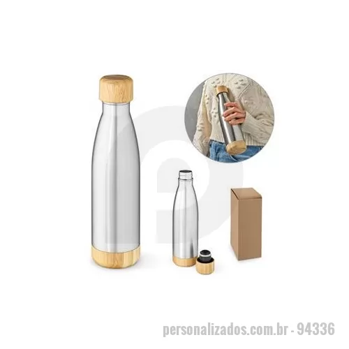 Garrafa térmica personalizada - Garrafa em aço inox 90% reciclado de parede dupla térmica, isolada a vácuo. Com tampa e base em bambu. Capacidade até 550 ml. Fornecido em caixa presente kraft. Certificação EU Food Grade. A cor e o resultado da impressão nos materiais naturais pode 