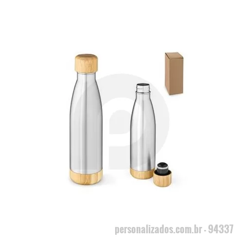 Garrafa térmica personalizada - Garrafa em aço inox 90% reciclado de parede dupla térmica, isolada a vácuo. Com tampa e base em bambu. Capacidade até 800 ml. Fornecido em caixa presente de papel kraft. Certificação EU Food Grade. A cor e o resultado da impressão nos materiais natur