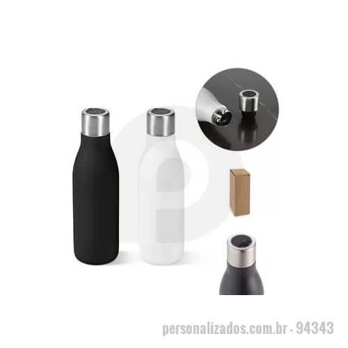 Garrafa térmica personalizada - Garrafa em aço inox 90% reciclado de parede dupla térmica, isolada a vácuo. Garrafa com sistema de auto-sanitização UV que inativa vírus e bactérias que estejam na sua garrafa, tornando a sua bebida mais segura. Capacidade até 500 mL. Preserva as beb