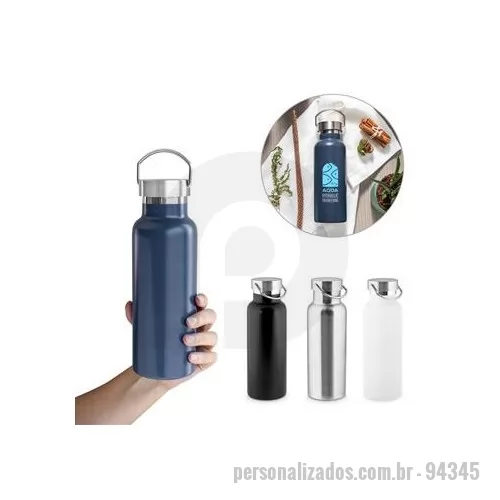 Garrafa térmica personalizada - Garrafa em aço inox 36% reciclado com parede dupla, isolada a vácuo. Tampa com alça de transporte em aço inox. Capacidade até 810 ml. Fornecido em caixa de oferta em papel kraft reciclado. ø78 x 289 mm