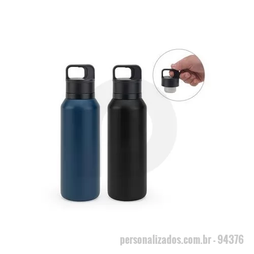 Garrafa térmica personalizada - Garrafa em aço inox 91% reciclado com parede dupla isolada a vácuo e parede interna revestida a cobre, características que permitem conservar a temperatura das suas bebidas por um longo período. A tampa em PP é à prova de vazamentos e incorpora um bo