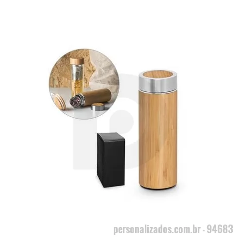 Garrafa térmica personalizada - Garrafa térmica. Bambu e aço inox. Com parede dupla e infusor para chá. Capacidade até 430 ml. Fornecida em caixa presente. Food grade. ø69 x 207 mm | Caixa: 72 x 210 x 72 mm