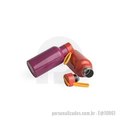 Garrafa térmica personalizada - Garrafa térmica de inox 380 ml. Contém tampa rosqueável e alça colorida de silicone acoplada na tampa. Altura : 18 cm Largura : 7,3 cm Circunferência : 23 cm Peso aproximado g : 225