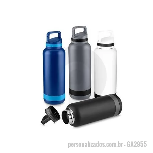 Garrafa térmica personalizada - Garrafa em aço inoxidável, com parede dupla isoladas a vácuo. Fechamento da tampa em rosca e suporte em gancho. Mantém líquidos quentes e gelado por horas. Tira de borracha na tampa e no corpo.