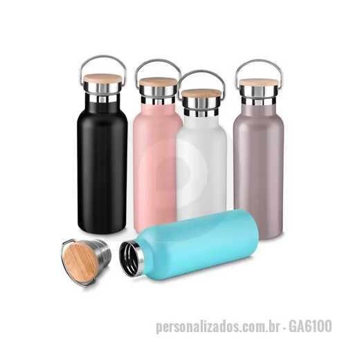 Garrafa térmica personalizada - Garrafa térmica em aço inox com parede dupla isolada a vácuo, com capacidade de até 500ml. Conserva líquido quente por até 8 horas e líquido frio até 12 horas. Tampa com revestimento em fibra de bambu. Alça em metal. Detalhe cromado. Pintura fosca.