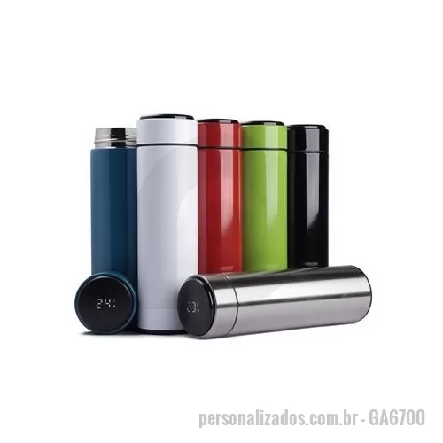 Garrafa térmica personalizada - Garrafa térmica em aço inox com parede dupla isolada a vácuo, com capacidade até 450ml. Tampa rosqueável com anel de silicone para vedação. Possui infusor para chás. Display LED com termômetro digital na tampa para indicar a temperatura do líquido. P