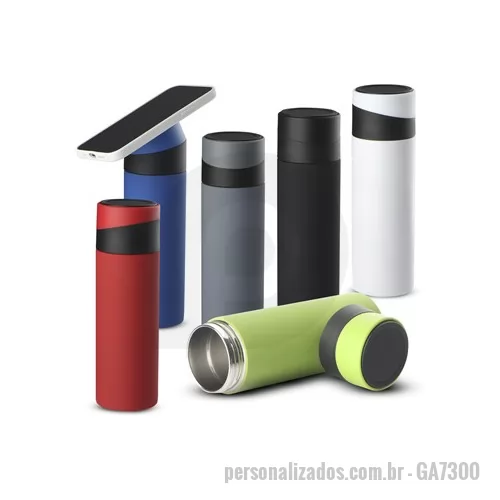 Garrafa térmica personalizada - Garrafa térmica em aço inox com parede dupla isolada a vácuo, com capacidade de até 400 ml. Tampa rosqueável com anel de silicone para vedação. Conserva a temperatura quente ou frio. Com apoio para celular na tampa. Conserva a temperatura quente por 