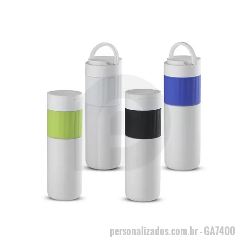 Garrafa térmica personalizada - Garrafa térmica em aço inox com parede dupla isolada a vácuo, com capacidade de até 500 ml. Conserva a temperatura quente ou fria, com alça e suporte para celular na tampa. Apoio para mão emborrachado e tampa rosqueável com anel de silicone para veda