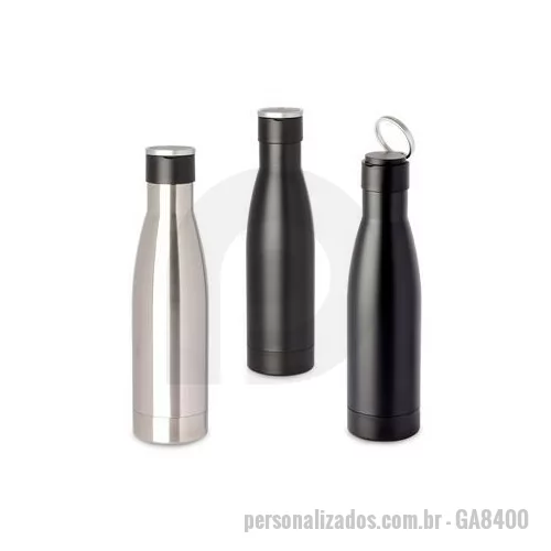 Garrafa térmica personalizada - Garrafa térmica em aço inox isolada a vácuo com parede dupla, tampa de plástico com alça de transporte de aço inoxidável. Com capacidade de até 500ml. Dimensão do produto: 26,4xø6,9cm Peso do produto: 0,280kg