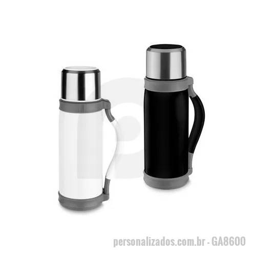 Garrafa térmica personalizada - Garrafa térmica em aço inox com parede dupla isolada a vácuo, com capacidade de até 1,2l. Além de garantir a temperatura ideal do líquido por horas, é muito fácil de ser transportada por sua alça lateral que torna o uso desse potente recipiente muito