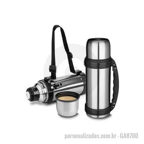 Garrafa térmica personalizada - Garrafa térmica em aço inox com parede dupla isolada a vácuo, com capacidade de até 1,2l. Além de garantir a temperatura ideal do líquido por horas, é muito fácil de ser transportada por sua alça lateral que torna o uso desse potente recipiente muito