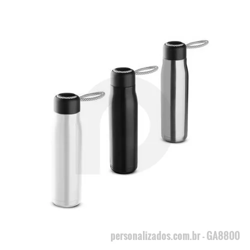 Garrafa térmica personalizada - Garrafa térmica em aço inox fosca com parede dupla isolada a vácuo, com capacidade de até 400ml com corda para facilitar o transporte. Tampa rosqueável e anel de silicone para vedação.