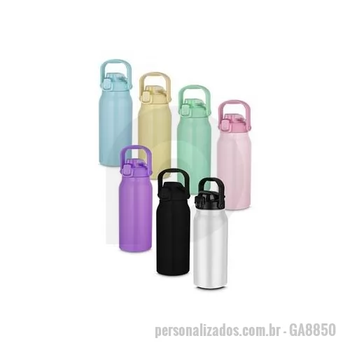 Garrafa térmica personalizada - Garrafa térmica em aço inox com parede dupla isolada a vácuo, com capacidade de até 1,5l com pintura fosca na parte externa. Além de garantir a temperatura ideal do líquido por horas, é muito fácil de ser transportada por sua alça superior que torna 