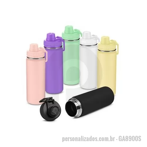 Garrafa térmica personalizada - Garrafa em aço inox com capacidade de até 780 ml. Tampa rosqueável, mosquetão em plástico e anel de silicone para vedação. Design com frisos na tampa e pintura pó.