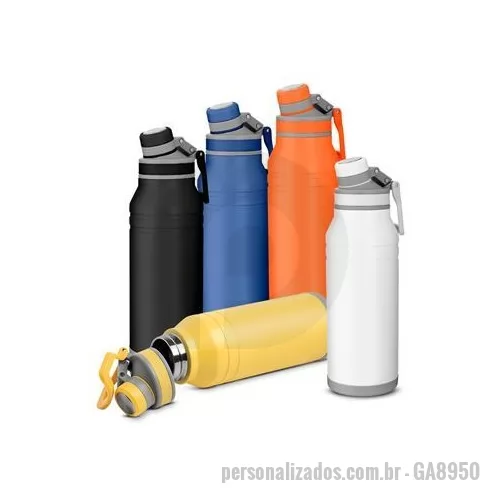 Garrafa térmica personalizada - Garrafa térmica em aço inox com parede dupla isolada a vácuo, com capacidade de até 1,2l. Acabamento na parte externa em tinta pó. Alça de transporte flexivel. Tampa rosqueável com anel de silicone para vedação. Bico rosqueável. Conserva líquidos : ?