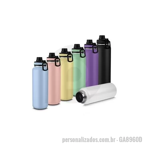 Garrafa térmica personalizada - Garrafa térmica em aço inox com parede dupla isolada a vácuo, alça plástica para transporte, bico rosqueável para fácil acesso, com capacidade de 960ml. Dimensão Produto: 25,6xø9,1cm Peso do Produto: 0,393kg