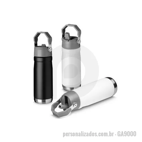 Garrafa térmica personalizada - Garrafa térmica em aço inox com parede dupla, com capacidade de até 650ml. Tampa em plástico, com alça para transporte. Dimensão Produto: 24xø7,4cm Peso do produto: 0,350kg