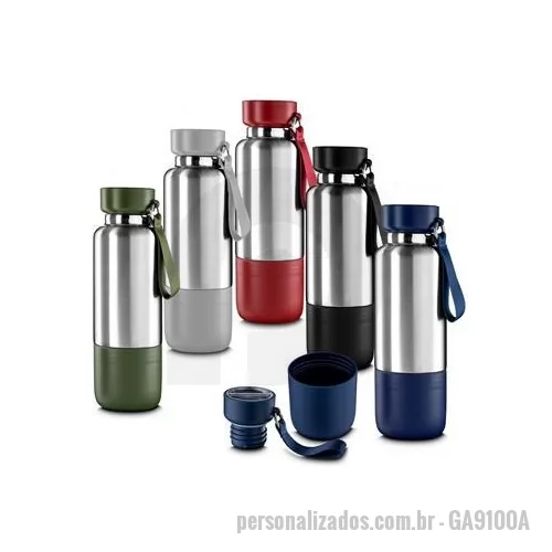Garrafa térmica personalizada - Garrafa térmica em aço inox com parede dupla isolada a vácuo, capacidade de 500ml e cordão tipo mosquetão. Tampa rosqueável, vedada por um anel de silicone. Possui copo adicional rosqueável na parte inferior da garrafa. Parte superior da tampa acompa