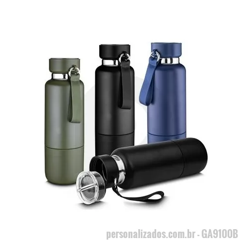 Garrafa térmica personalizada - Garrafa térmica em aço inox com parede dupla isolada a vácuo com acabamento na parte externa em tinta pó. Capacidade de 500ml e cordão tipo mosquetão. Tampa rosqueável, vedada por um anel de silicone. Possui copo adicional rosqueável na parte inferio