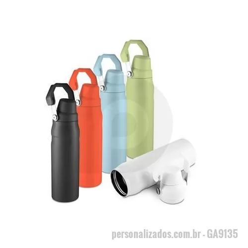 Garrafa térmica personalizada - Garrafa térmica em inox interno 304 com pintura eletrostática e capacidade para até 750 ml. Conta com estrutura de parede dupla e vedação a vácuo, permitindo a conservação da temperatura de líquidos por mais tempo. Possui tampa rosqueável em plástico